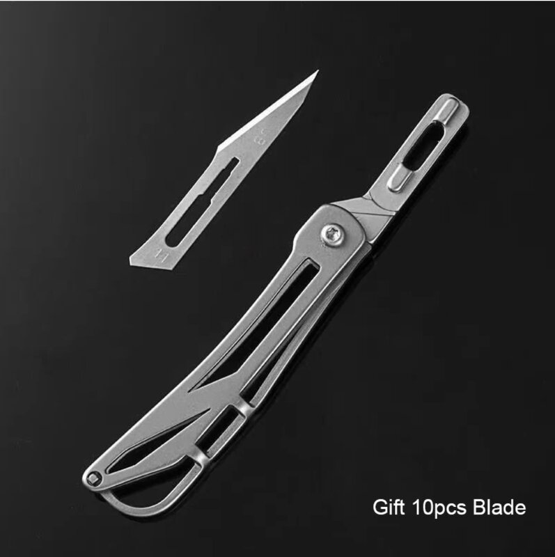 Pisau lipat logam campuran Titanium G10, Gantungan Kunci pisau saku alat bedah selfpertahanan dapat diganti No 11 pisau bedah