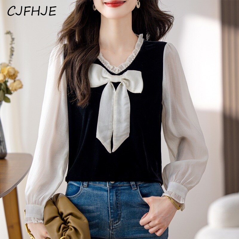 CJFHJE Французская женская бархатная рубашка, шифоновая рубашка, модная женская рубашка контрастных цветов с длинным рукавом и V-образным вырезом, универсальная рубашка, Топ