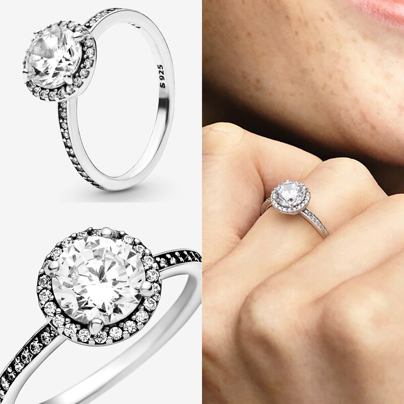 Authentic 925 Sterling Silver Princess Tiara Crown ประกายความรักหัวใจ,แหวน CZ สำหรับเครื่องประดับหมั้นผู้หญิงเครื่องประดับครบรอบ