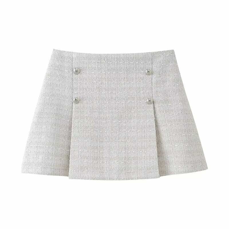TRAFZA-Mini saia feminina casual texturizada com zíper, dobras finas, botões sexy streatwear, saias elegantes de verão, 2022
