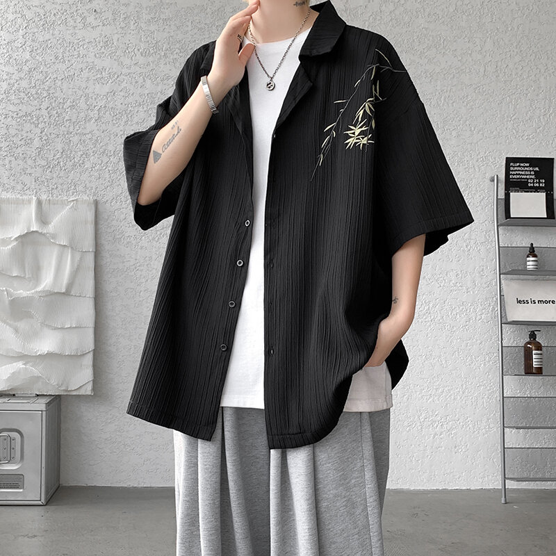 Camisas masculinas bordadas de manga curta com lapela, tops grandes, roupas casuais, todo o jogo, moda verão, novo, 2024