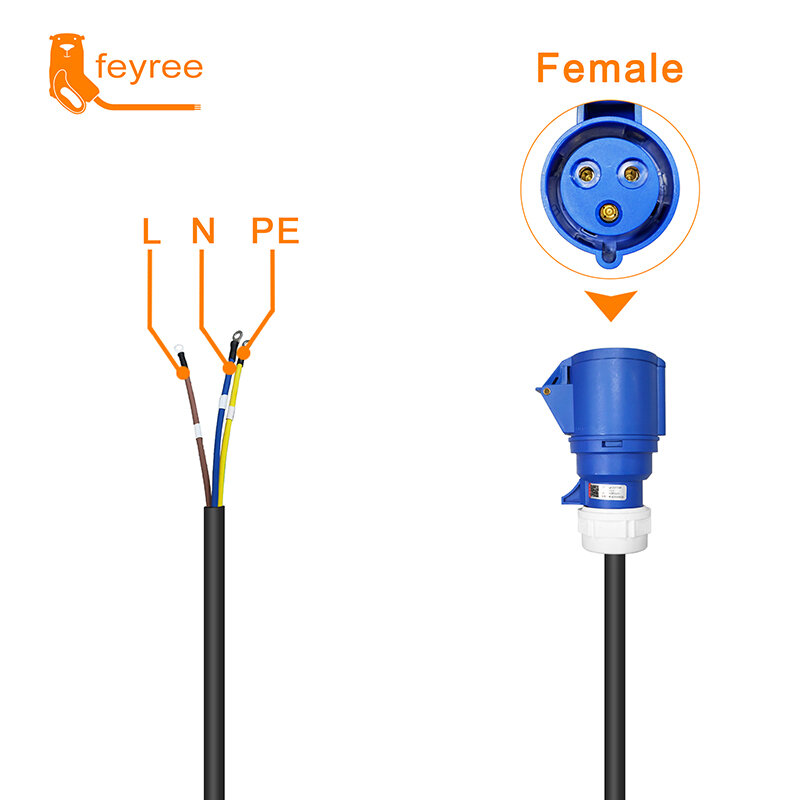feyree EV Charger CEE Female Plug 3 Pins Adapter Waterproof Connection WallMount Socket 32A 1Phase 7KW Portable Charger