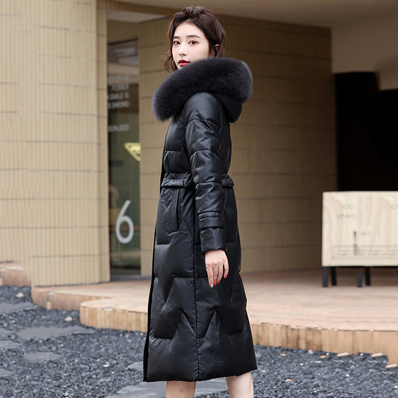 New Women Winter Hooded Leather Down Coat Fashion Warm Real Fox Fur Collar Drawstring Slim Sheepskin Down Overcoat Split Leather