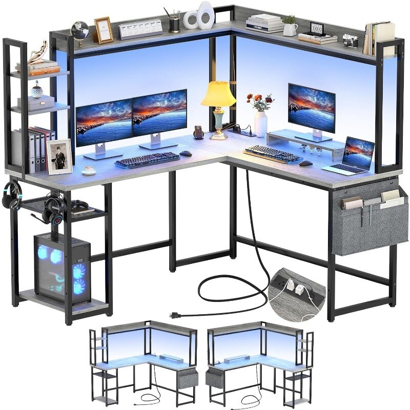 Meja bentuk L dengan Outlet daya, meja Gaming bentuk L dengan lampu Led & Hutch, meja kantor rumah bolak-balik, meja komputer sudut