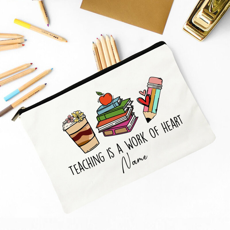Saco de maquiagem personalizado com nome personalizado para professores, sacos de lápis, cosméticos, bolsa de lona, presentes de agradecimento para professores