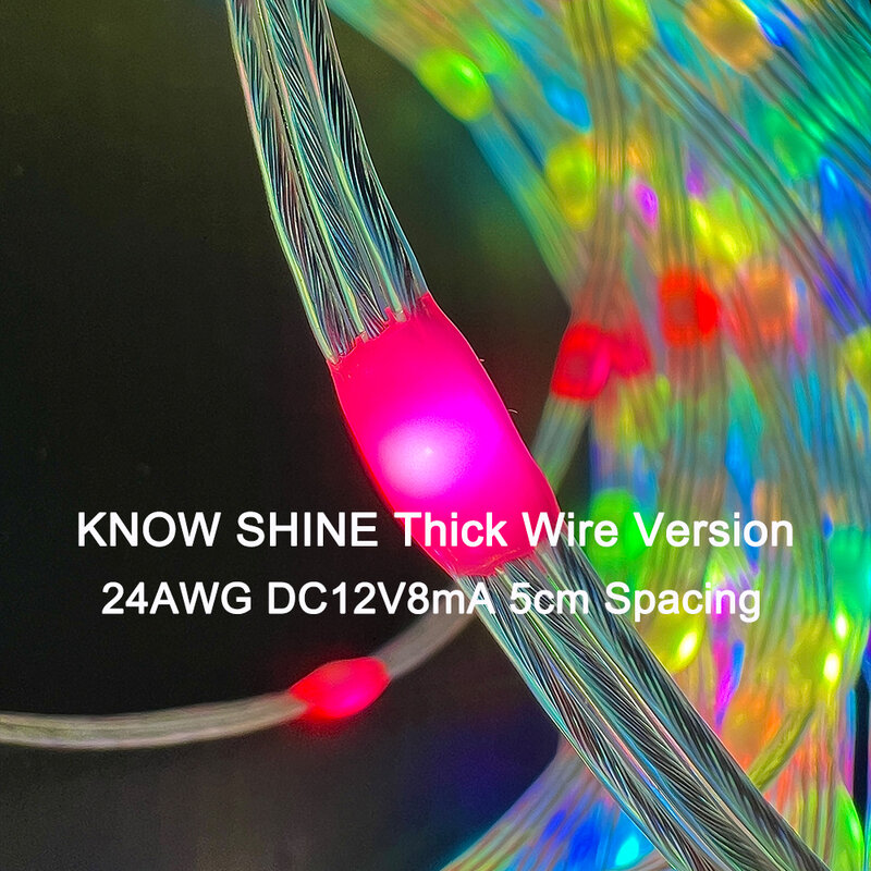 Thick Wire Spacing LED String Lights, Cola transparente individualmente, Endereçável individualmente, RGB, Versão, 24AWG, DC12V8mA, 5cm, WS2811