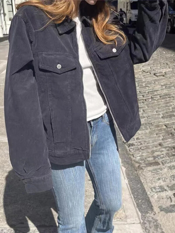 Женская Вельветовая куртка на молнии с карманами, свободного покроя