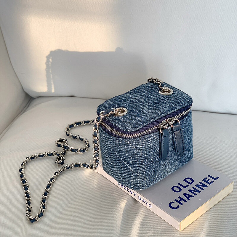 Mini bolso cruzado de mezclilla para mujer, Lingge bandolera con cadenas, de marca de moda, caja, lápiz labial, monedas, 2023