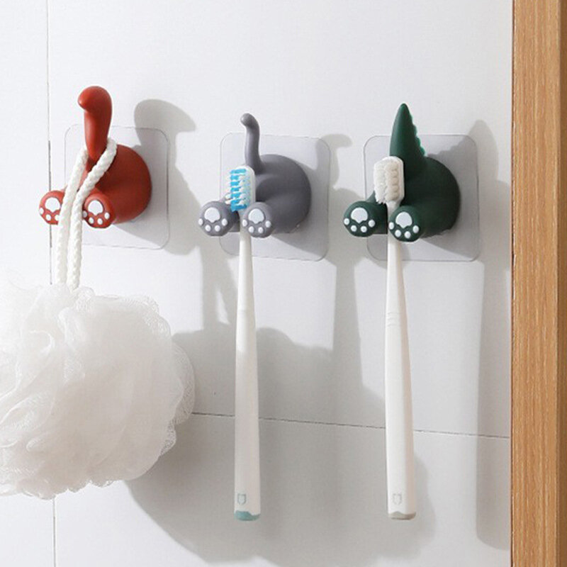 Cute Self-adhesive Wall-mounted Animal Tail Toothbrush Holder Hanger Behind Door Hooks Bathroom Accessories