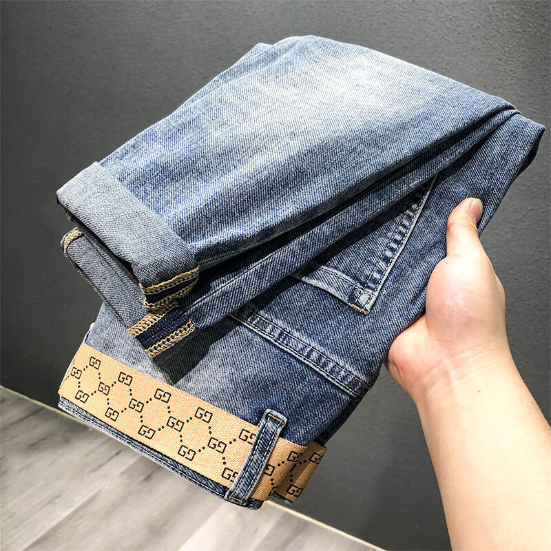 Men's Summer Fashion Blue Jeans Boys Light Luxury Letter Embroidery Harlan Versatile Small Feet Pants Jeans
