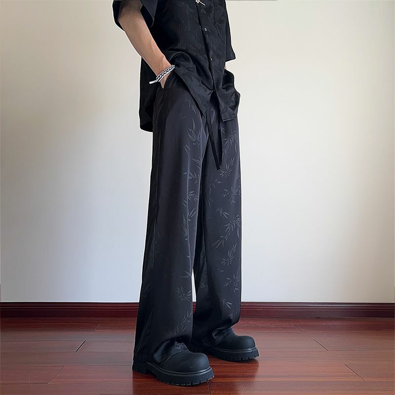 2024 letnie nowe satynowe spodnie męskie modne chińskie spodnie luźna odzież uliczna żakardowe liść bambusowy spodenki gotyckie ciemne spodnie