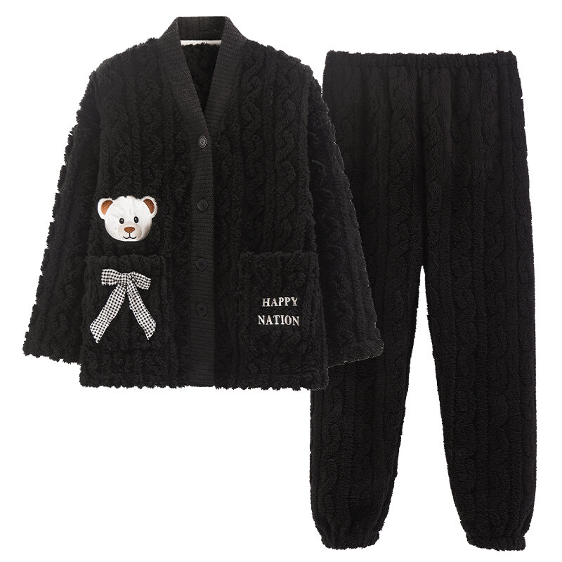Conjunto de pijama de franela con cuello en V para mujer, ropa de dormir cálida de manga larga, Tops y pantalones, 2 piezas, Otoño e Invierno