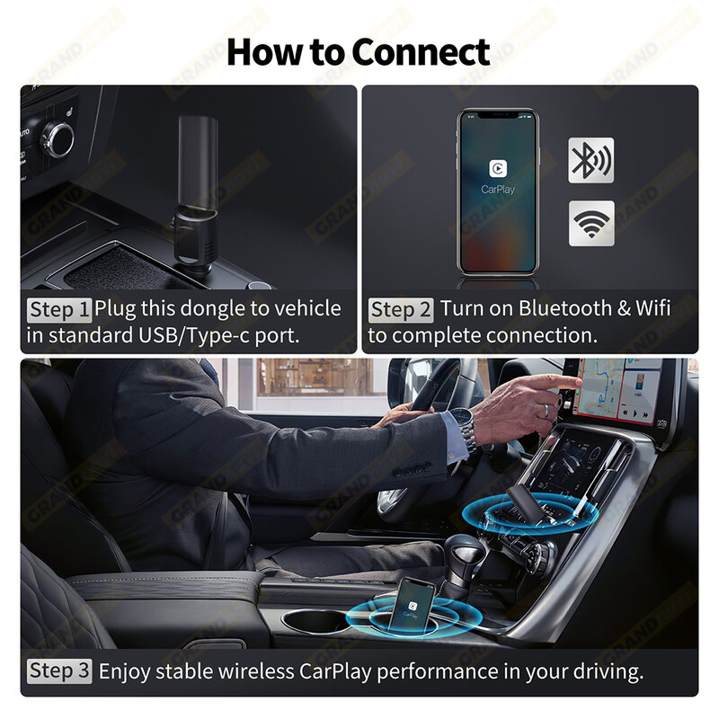 Grandnavi-Dongle Mini Sem Fio Carplay, Adaptador USB Apple, Leitor multimídia automotivo, OEM, Audi, Volkswagen, Volvo, Ford, Jeep, Benz