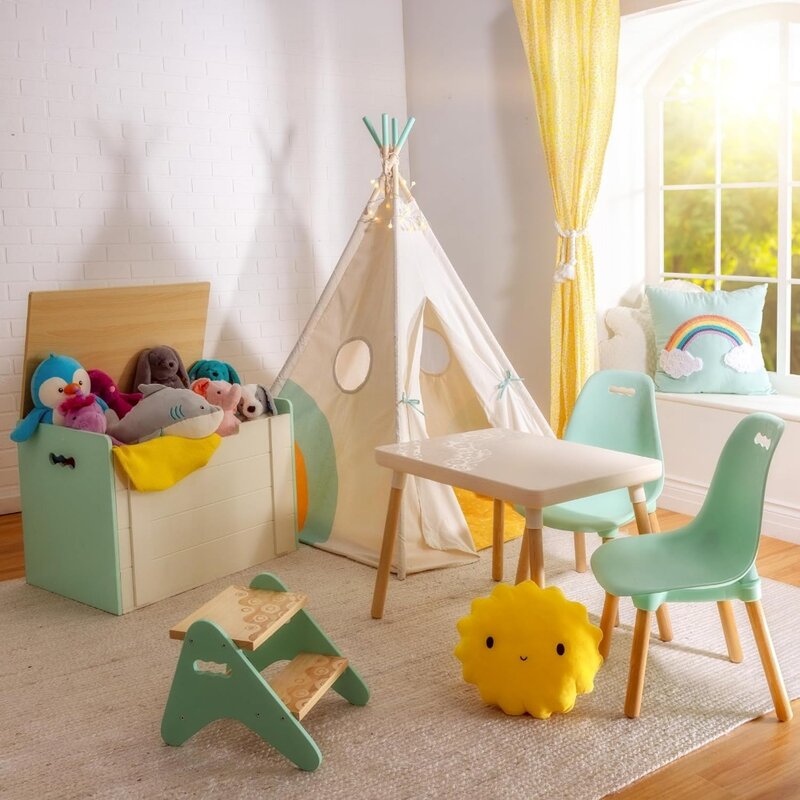 Set tavolo e sedia-mobili per bambini-1 tavolo artigianale e 2 sedie-gambe in legno naturale-avorio menta