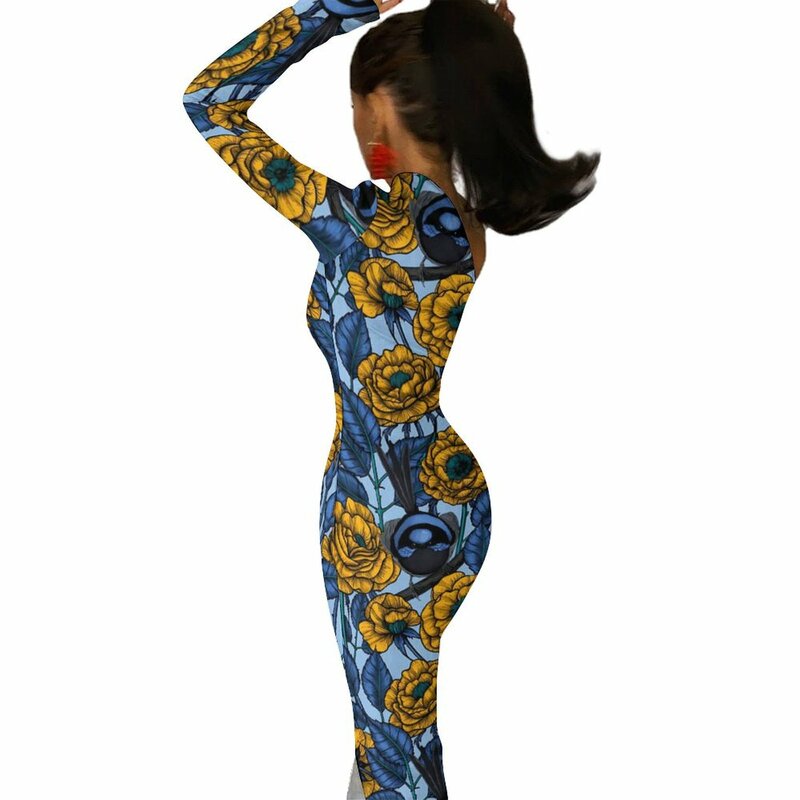 Burung bunga gaun panjang wanita Wren Di mawar Streetwear gaun Maxi Musim Semi Modern gaun Bodycon Split samping pakaian grafis