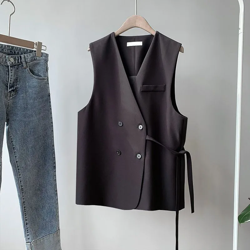 Chaleco de traje pequeño negro para mujer, ropa de calle holgada con doble botonadura y botones, sin mangas, con cordones, 2024