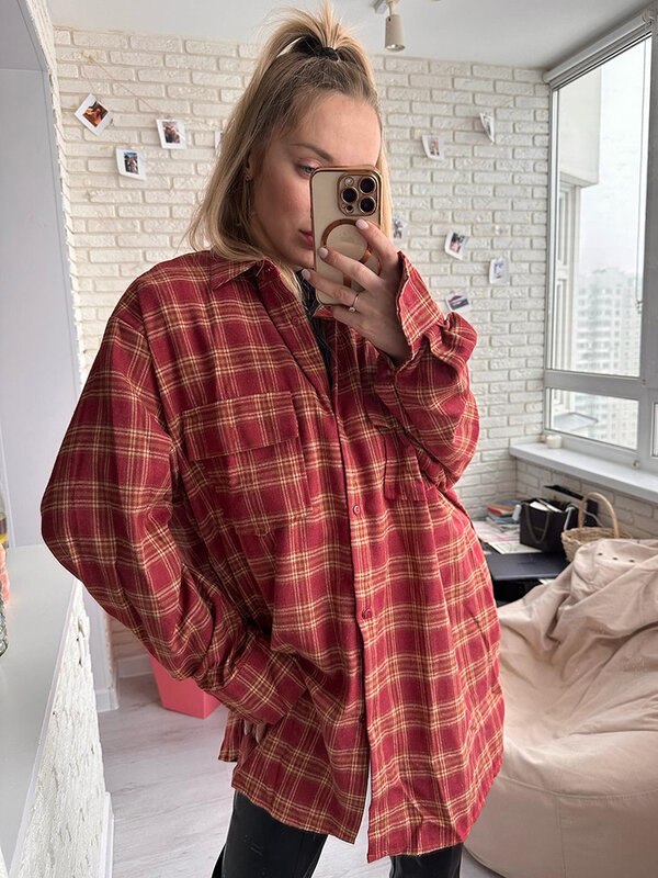 Mnealways18 Street Style Red Plaid Shirts Women Irregular Long Sleeves Oversized Blouses Autumn 2024 Loose Gingham Tops Trendy