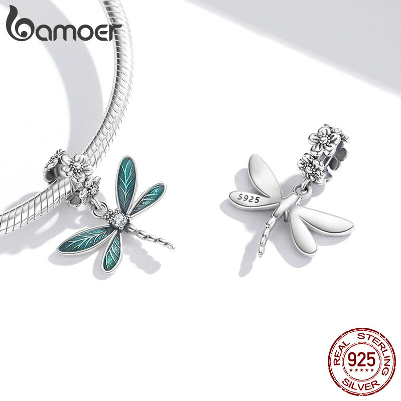Bamoer genuíno 925 prata esterlina lindo libélula pingente charme ajuste feminino pulseira original ou colar de jóias finas presente