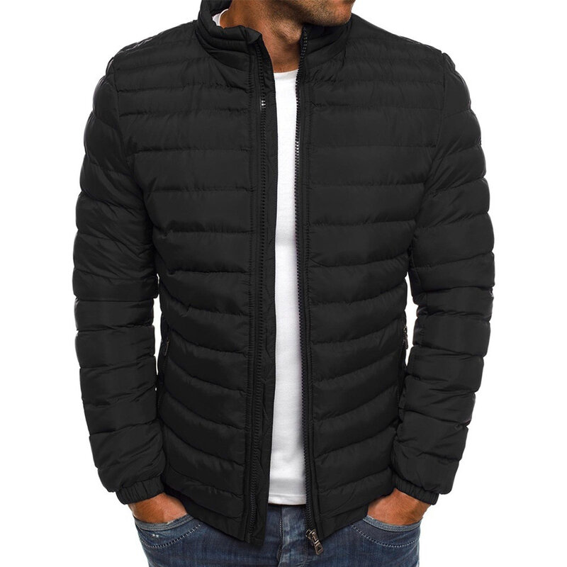 Jaqueta masculina de gola alta com zíper, casaco acolchoado acolchoado, casacos grossos, casacos casuais da moda, outwear inverno quente, marca