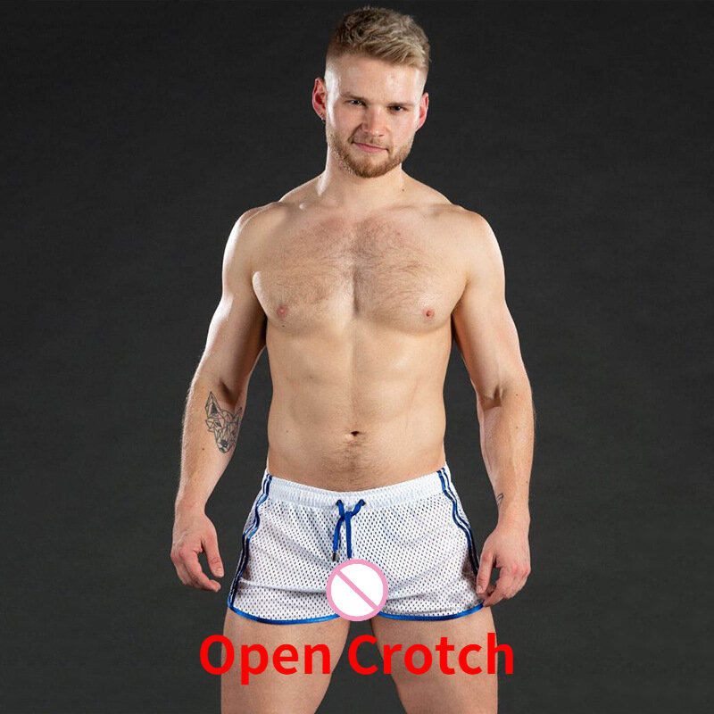 Homem aberto virilha calcinha crotchless malha board shorts sexy gym gay zíper duplo respirável erótico praia calças maiôs do músculo