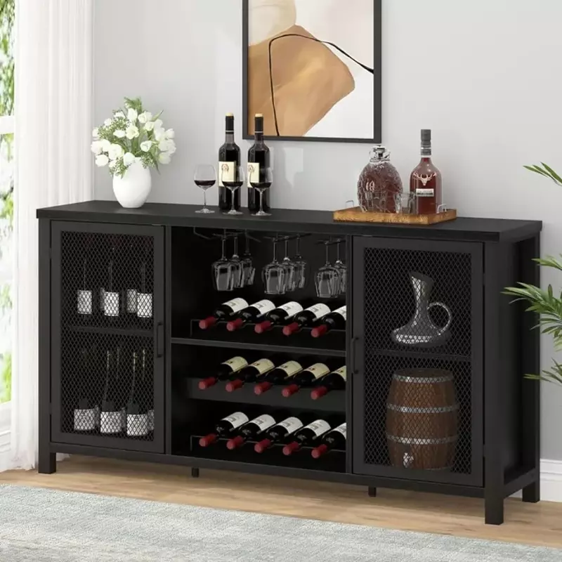 Kabinet minuman keras hitam dengan rak penyimpanan anggur, untuk minuman keras, rumah pertanian kabinet anggur untuk rumah ruang tamu ruang makan, Oak hitam, 55 inci