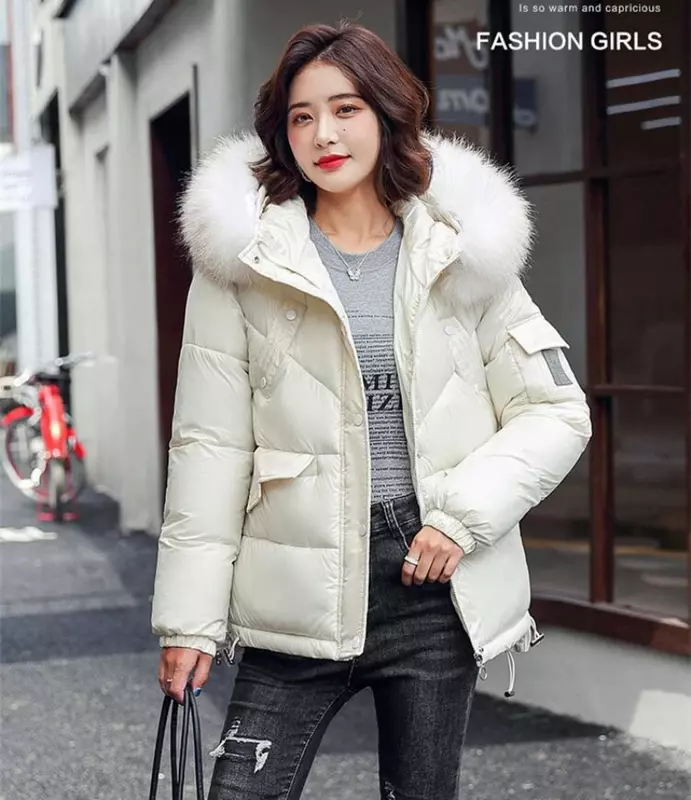 Модная белая женская зимняя куртка в европейском стиле с большим меховым капюшоном, толстая зимняя женская куртка на пуху, новинка 2023
