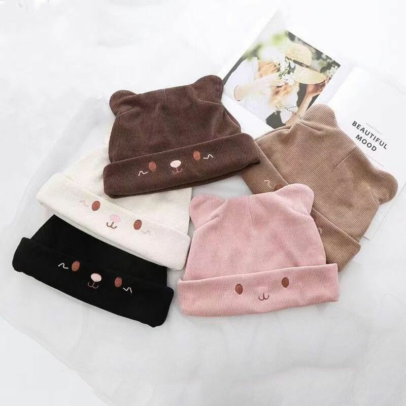 Solid Color Knitted Hats Cute Ear Protection Windproof Pullover Beanie Caps Winter Warm Cat Ear Skull Cap
