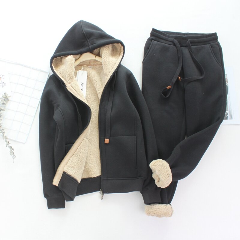 Sportowe garnitur Casual zimowe sztuczne wełna jagnięca Plus aksamitne zagęszczone proste spodnie dresowe z cienkimi rękawami z kapturem krótki