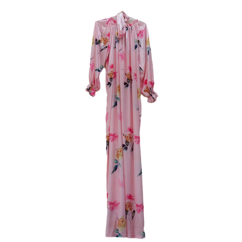 女性の光沢のある花柄プリント長袖サテンドレス、ルーズレースアップマキシドレス、プラスサイズのスリーピングドレス