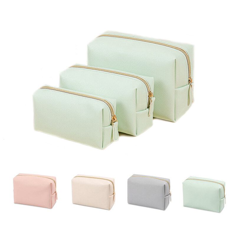 Women Cosmetic Bag Waterproof PU Leather Solid Color Makeup Pouch Travel Portable Wash Toiletry Storage Bag Organizer Purse 2023