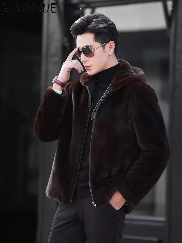 AYUNSUE-Casaco de pele Real Mink para homens, jaqueta com capuz, roupas de alta qualidade, natural, inverno
