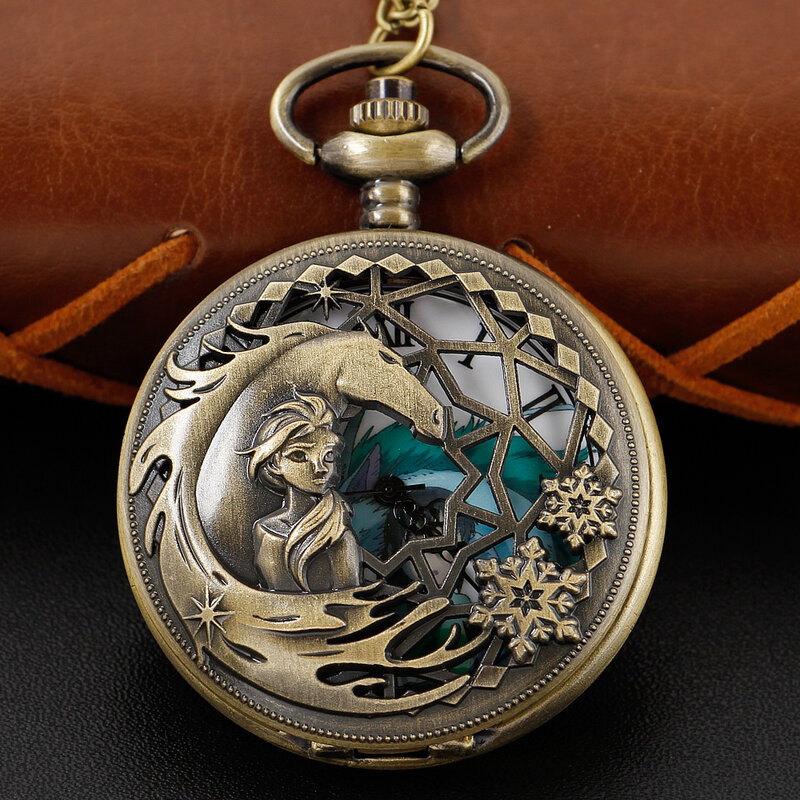 Klasyczny i popularny bajki księżniczka biały koń emblemat z ażurową dekoracją kwarcowy zegarek kieszonkowy Unisex naszyjnik prezent dla dzieci