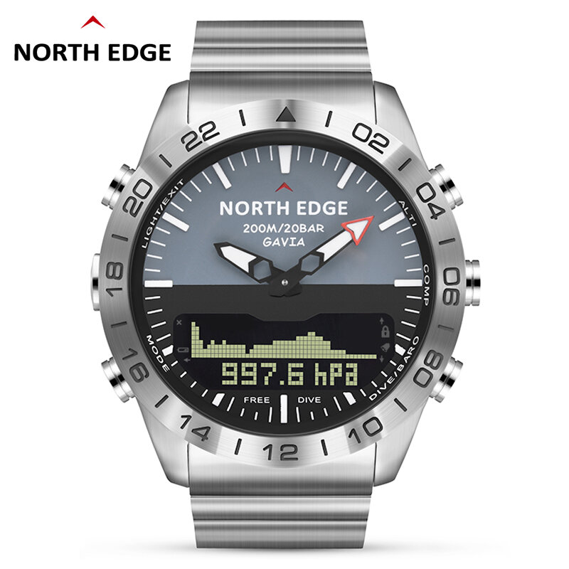 ผู้ชายกีฬาดำน้ำ Jam Tangan Digital นาฬิกาผู้ชายสไตล์ทหารกองทัพหรูหราเหล็กเต็มรูปแบบกันน้ำแนวธุรกิจ200M เครื่องวัดระยะสูงเข็มทิศ NORTH EDGE