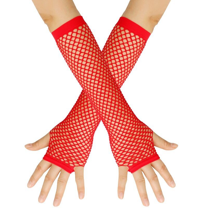 Sarung tangan jala baru sarung tangan jaring-jaring Neon sarung tangan hitam merah tipis pakaian mewah untuk wanita gadis seksi Punk sarung tangan tari Goth