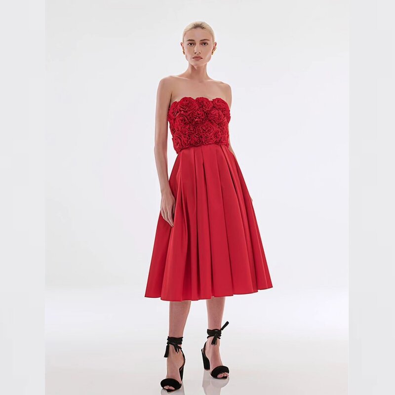 Ball Dress Evening Saudi Arabia Jersey Flower Ruched Christmas A-line Strapless Bespoke Occasion Gown Midi Dresses