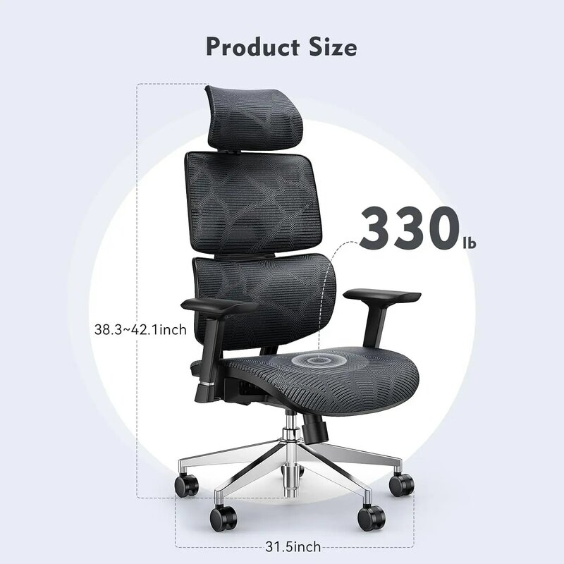 Home Office Desk Chair with Lumbar Support, Adjustable Headrest Ergonomic Mesh Office Chair with 4D Armrests