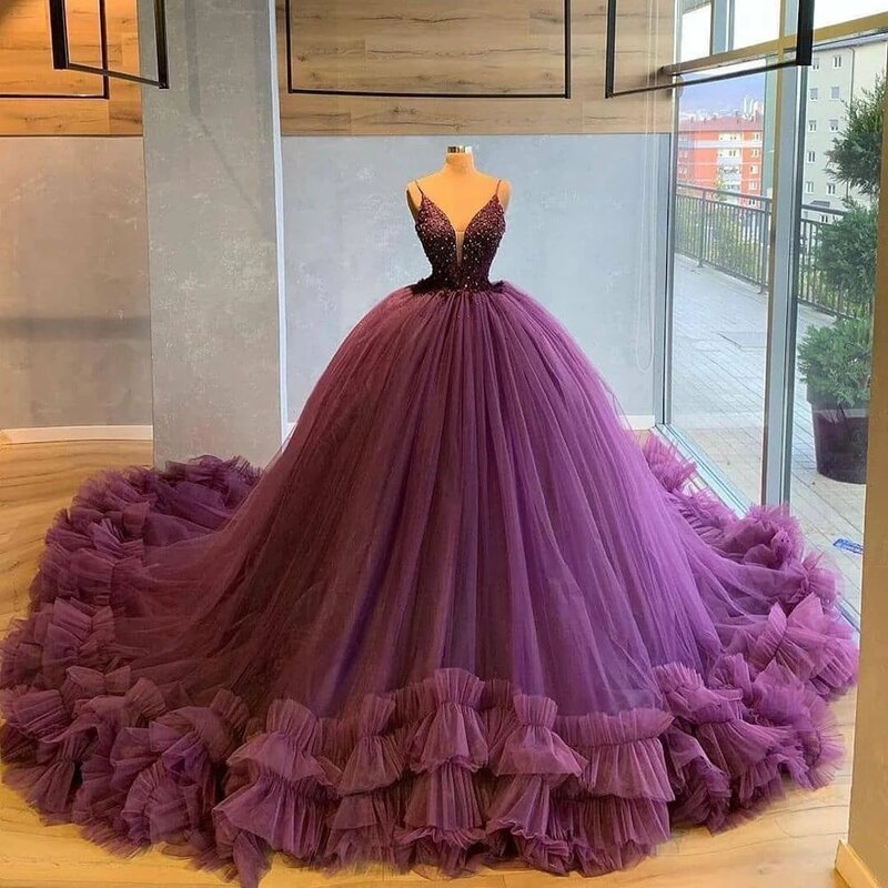 Cantik Vintage 2022 Seksi V Leher Tulle Ruffles Pesta Malam Gaun Ungu Biru Formal Prom Dress Gaun Wanita Plus Ukuran