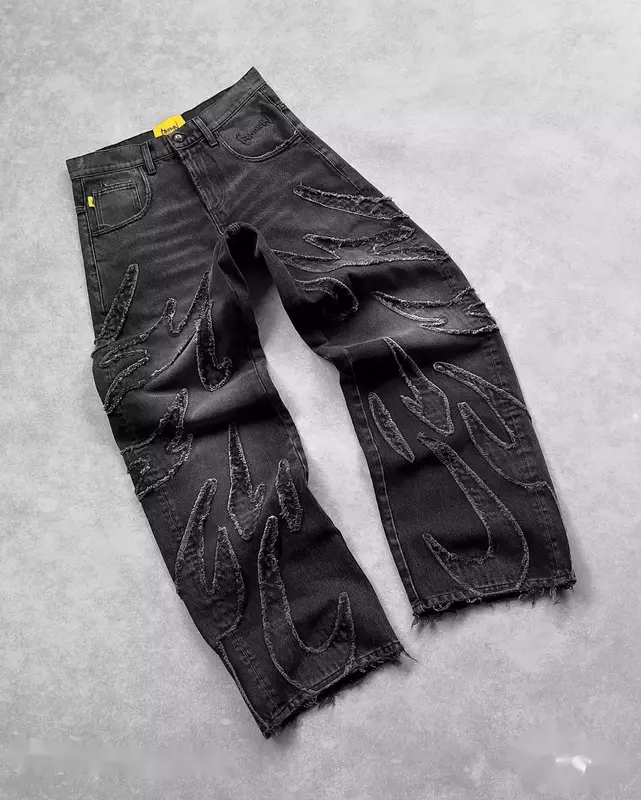 Raw Edge Jeans bordir pola Patchwork Vintage Y2k Retro hitam longgar Jeans untuk pria Hip Hop Punk celana Denim pinggang tinggi