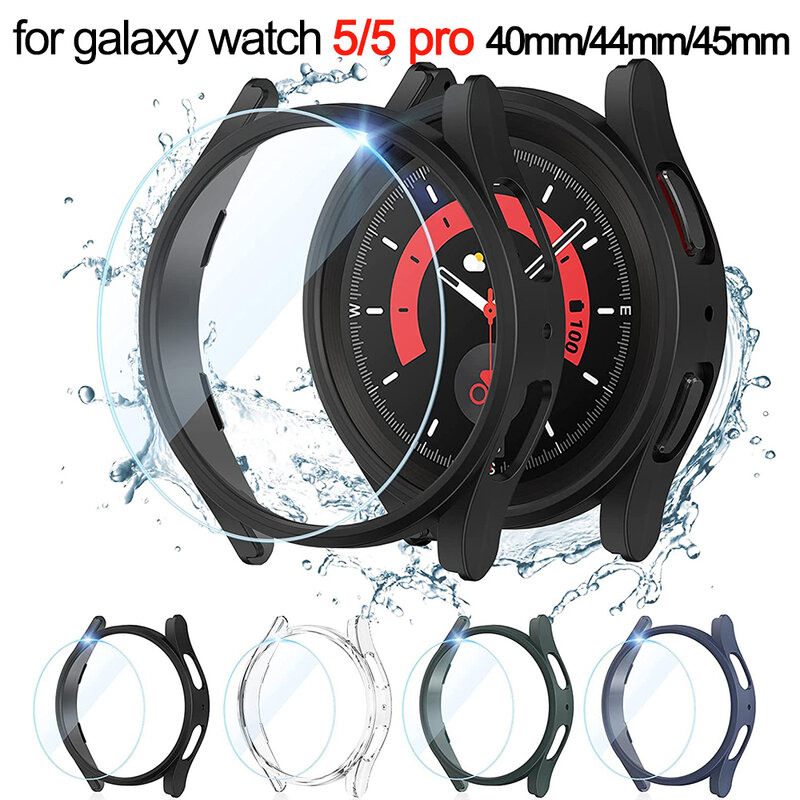 Vidrio + funda para Samsung Galaxy Watch 5/5 Pro, resistente al agua, PC Galaxy Watch 5, 40mm, 44mm, cubierta de reloj 5 Pro, 45mm, cubierta + Protector de pantalla
