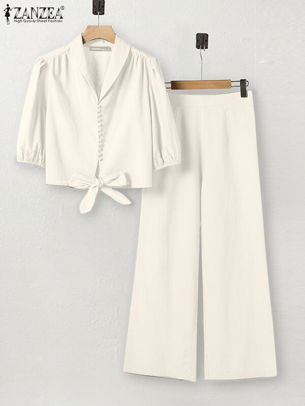 ZANZEA-Conjunto de pantalones elegantes OL para mujer, 2 piezas, top de media manga con cuello en V, pantalones de pierna ancha, chándal de trabajo sólido