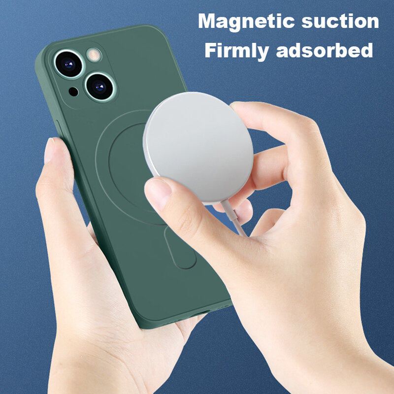 Capa magnética de carga sem fio magnética Magsafe, tampa traseira de silicone líquido macio, iPhone 14, 13, 12, 11, 15 Pro Max, Mini, XR, X, S, 7, 8 Plus