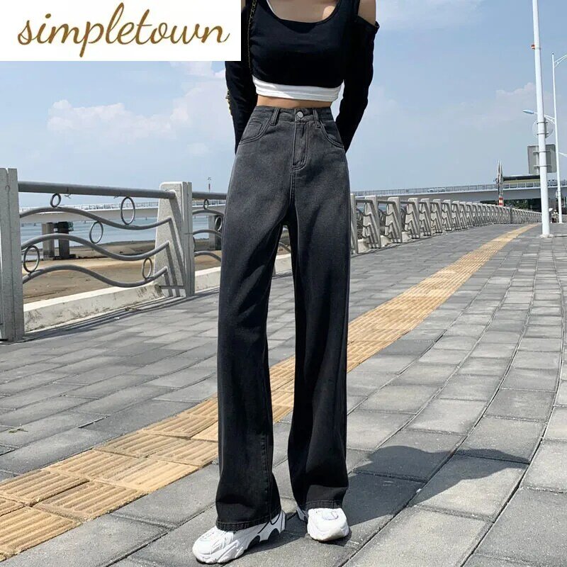 Celana Jeans kaki lebar wanita, celana longgar pipa lurus perempuan pinggang tinggi personalisasi warna gradien 2023 serbaguna mode
