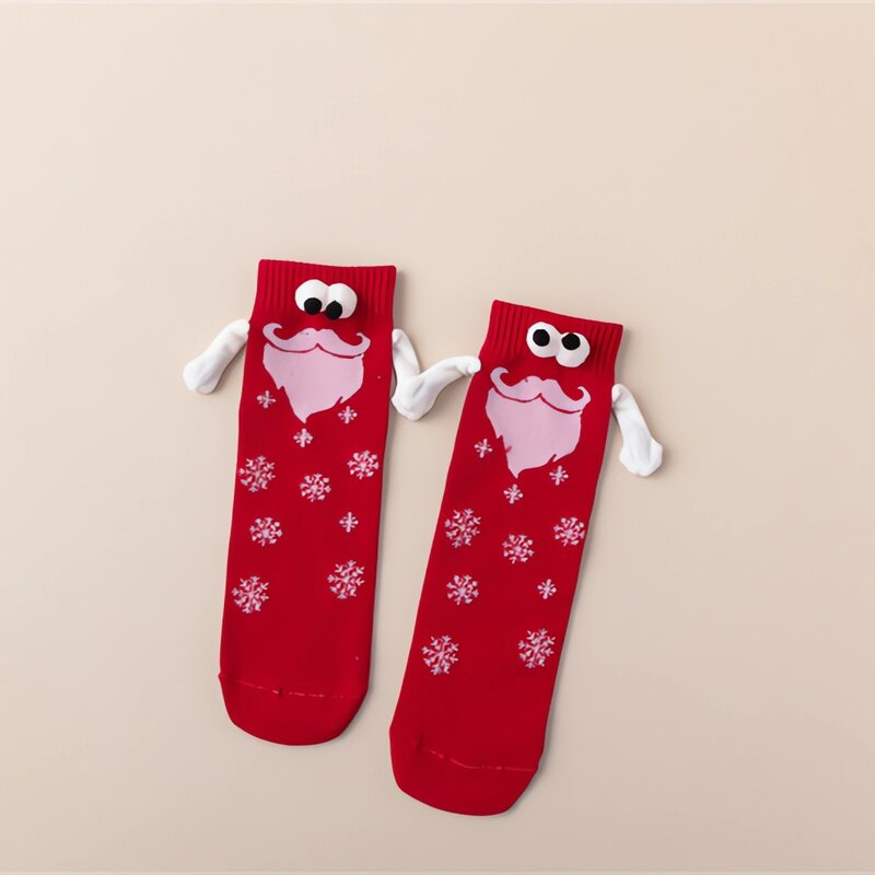 Chaussettes magnétiques de Noël mignonnes pour femmes et hommes, chaussettes en coton décontractées, tube moyen, yeux de dessin animé créatifs drôles, main dans la main, couple, 2023