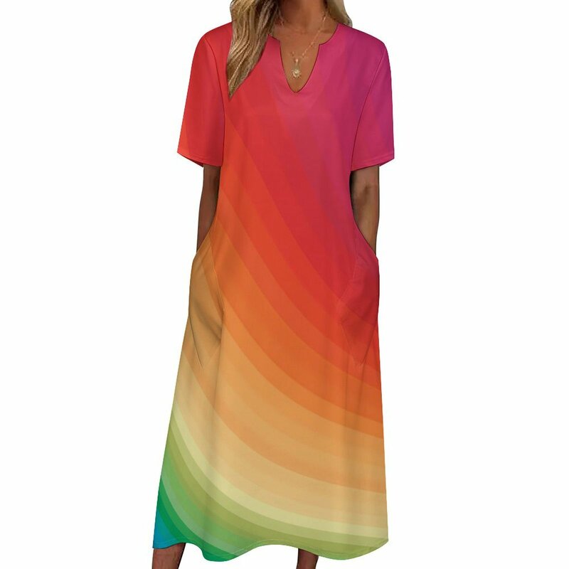Arco-íris brilhante feminino com arte abstrata vestido maxi, vestidos longos de praia boho, grandes dimensões personalizadas, moda kawaii, manga curta