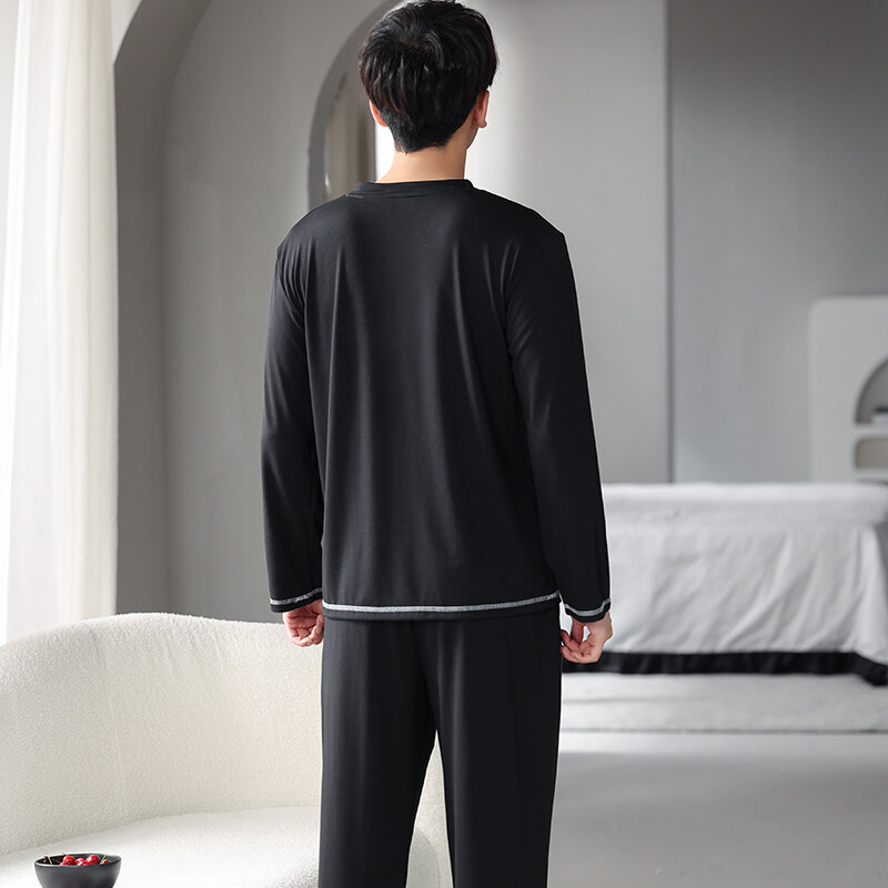 Pijamas modais pretos soltos para homens, pijamas primavera e outono, roupas domésticas, M-4XL