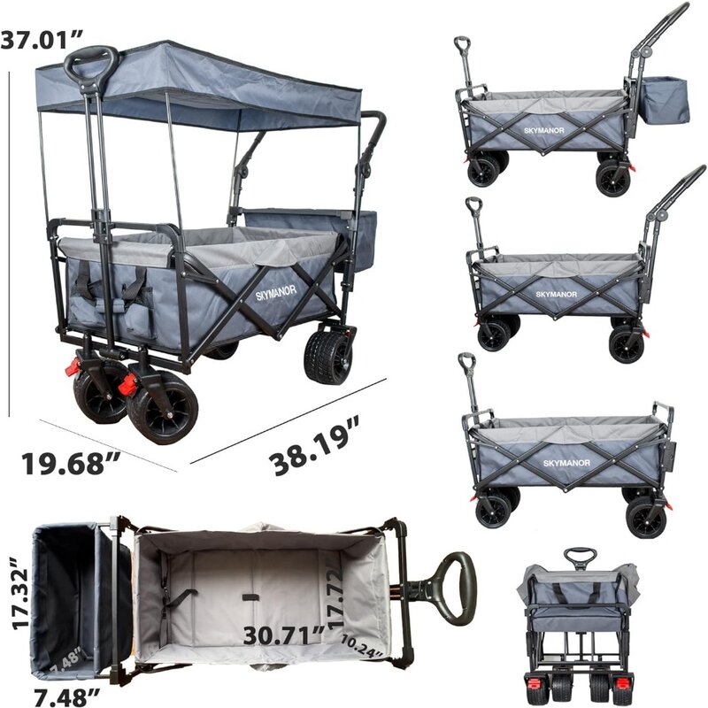 Collapsible Wagon Folding Garden Cart with Removable Canopy Utility Wagon Cart with All-Terrain Wheels 4 Brake Beach Cart Heavy
