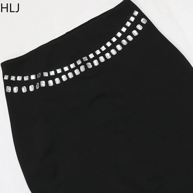 HLJ-Saias Skinny Rhinestone para Mulheres, Top de Um Ombro, Sem Mangas, Sem Costas, Roupa Feminina, Conjuntos de 2 Peças