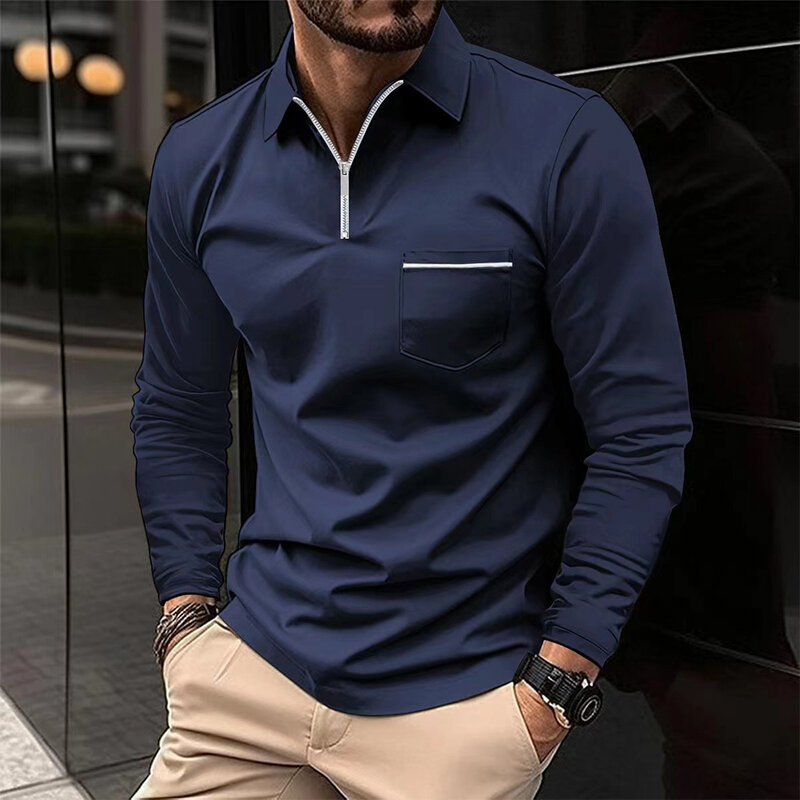 Camisa de manga longa poliéster confortável masculina, camiseta lapela, pulôver de bolso, cor sólida regular, moda primavera
