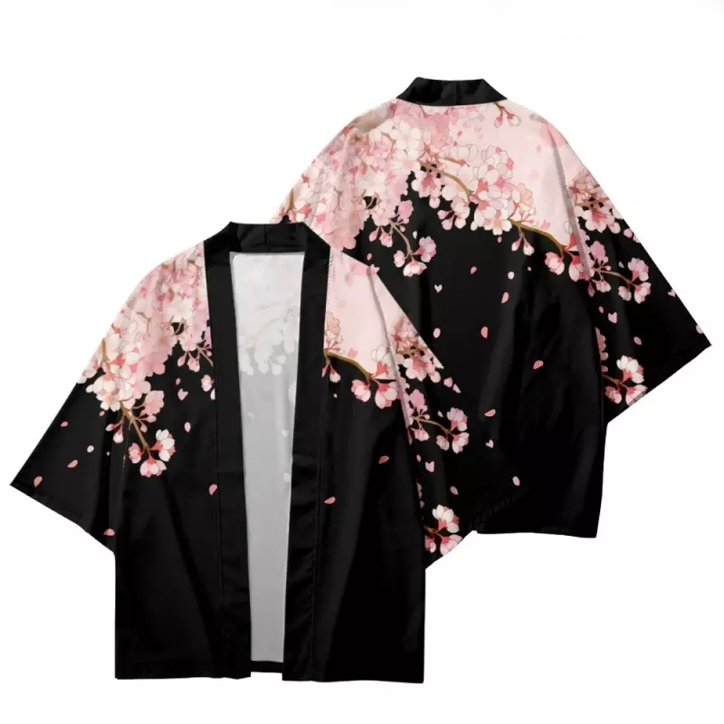 Blus kardigan mode Pria Wanita gambar bunga Sakura Kimono Cosplay Jepang Harajuku baju Asia Haori Obi
