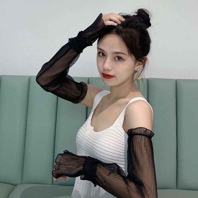 Sarung tangan jaring pelindung UV renda wanita, sarung tangan lengan panjang tanpa jari perlindungan matahari gaya Korea